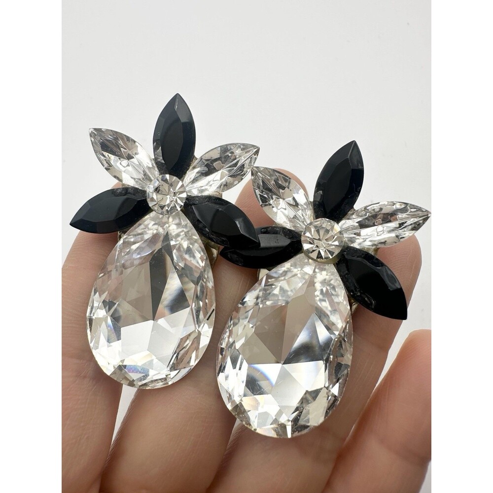 Vintage Cabaret Bridal Formal Black Clear Crystal Teardrop Clip On Earrings